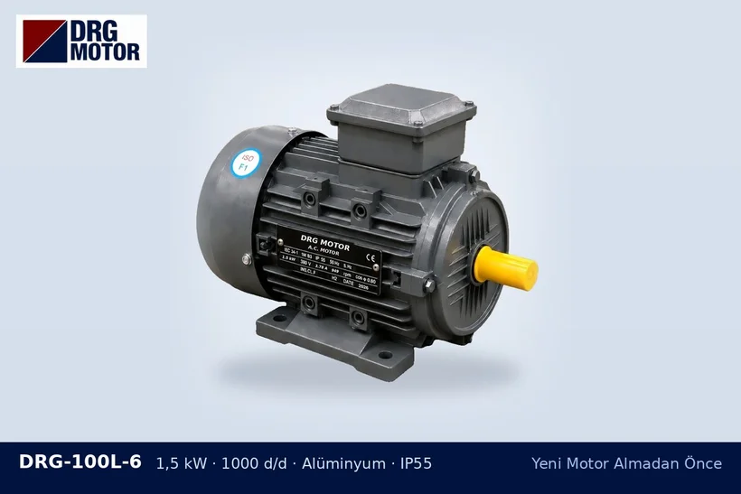DRG-100L-6 – Yeni Motor Almadan Önce DRG-100L-6 1,5 kW 1000 d/d alüminyum gövdeli DRG trifaze motor – seyyar makinede motor ağırlığı