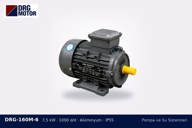 DRG-160M-6 7,5 kW 1000 d/d alüminyum gövdeli DRG trifaze motor – dönüşümlü çalışan pompalarda motor gücü