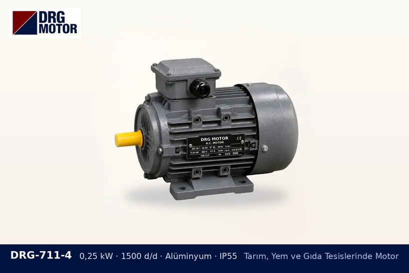 DRG-711-4 – Tarım, Yem ve Gıda Tesislerinde Motor DRG-711-4 0,25 kW 1500 d/d alüminyum gövdeli DRG trifaze motor – süt tankı karıştırıcı motoru
