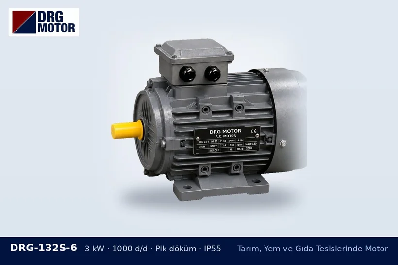 DRG-132S-6 – Tarım, Yem ve Gıda Tesislerinde Motor DRG-132S-6 3 kW 1000 d/d pik döküm gövdeli DRG trifaze motor – silo helezon ve elevatör motoru