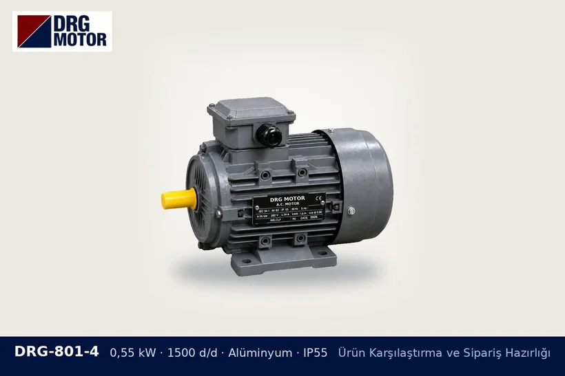 DRG-801-4 – Ürün Karşılaştırma ve Sipariş Hazırlığı DRG-801-4 0,55 kW 1500 d/d alüminyum gövdeli DRG trifaze motor – motor etiket fotoğrafı ile teklif