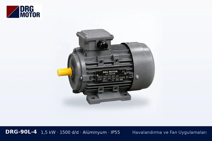 DRG-90L-4 – Havalandırma ve Fan Uygulamaları DRG-90L-4 1,5 kW 1500 d/d alüminyum gövdeli DRG trifaze motor – ters dönen fan