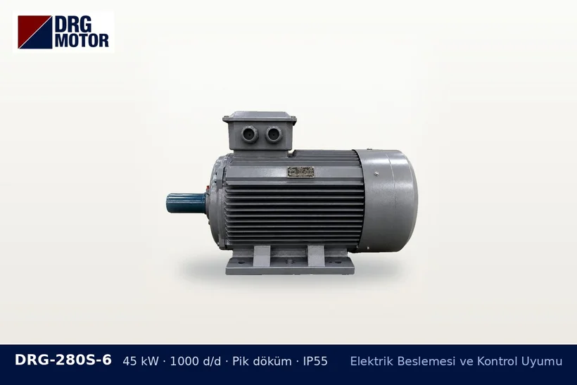 DRG-280S-6 45 kW 1000 d/d pik döküm gövdeli DRG trifaze motor – bağlantı gücü ve büyük motor
