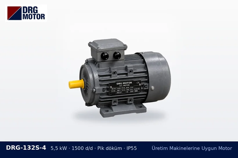 DRG-132S-4 – Üretim Makinelerine Uygun Motor DRG-132S-4 5,5 kW 1500 d/d pik döküm gövdeli DRG trifaze motor – toz toplama sistemi motor ihtiyacı