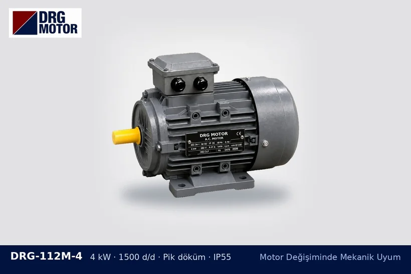 DRG-112M-4 4 kW 1500 d/d pik döküm gövdeli DRG trifaze motor – kama kasnağa oturmuyor