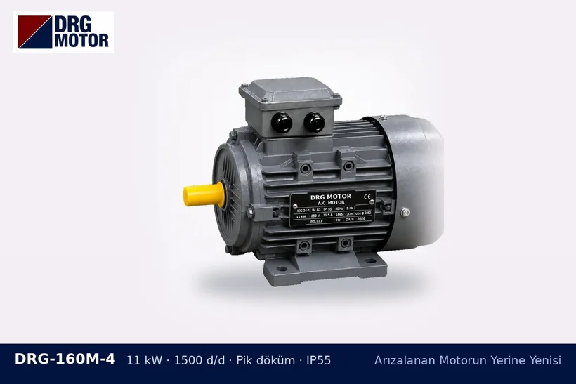 DRG-160M-4 – Arızalanan Motorun Yerine Yenisi DRG-160M-4 11 kW 1500 d/d pik döküm gövdeli DRG trifaze motor – yıldırım sonrası motor arızası